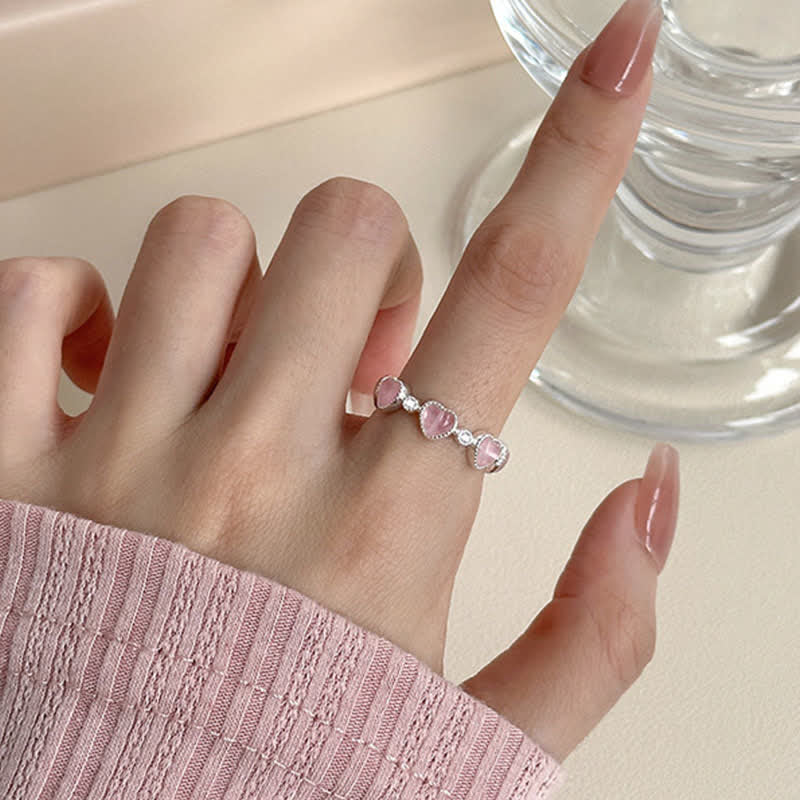 Buddha Stones 925 Sterling Silver Pink Cat's Eye Heart Design Adjustable Love Ring