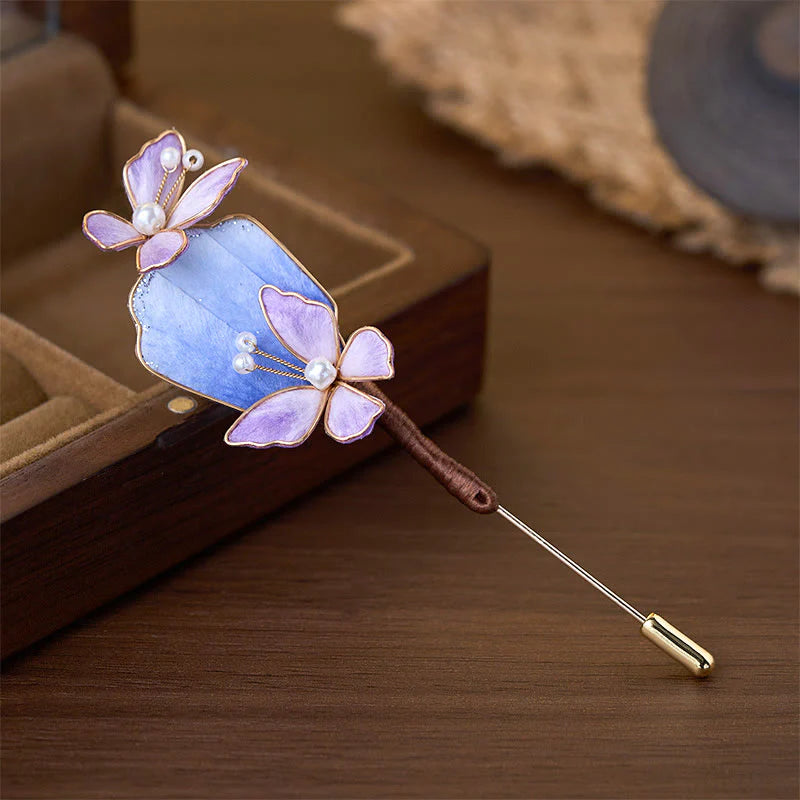 Buddha Stones Handcrafted Silk Art Velvet Flower Purple Butterfly Freedom Brooch