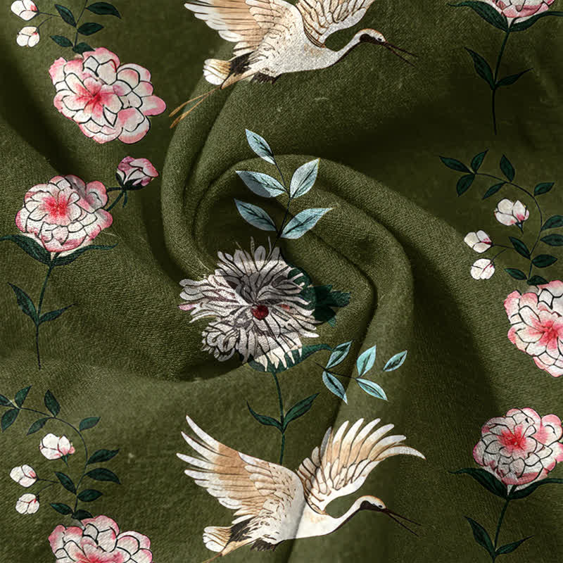 Buddha Stones Cotton Crane Floral Print Men's Short Sleeve Half Button Shirt