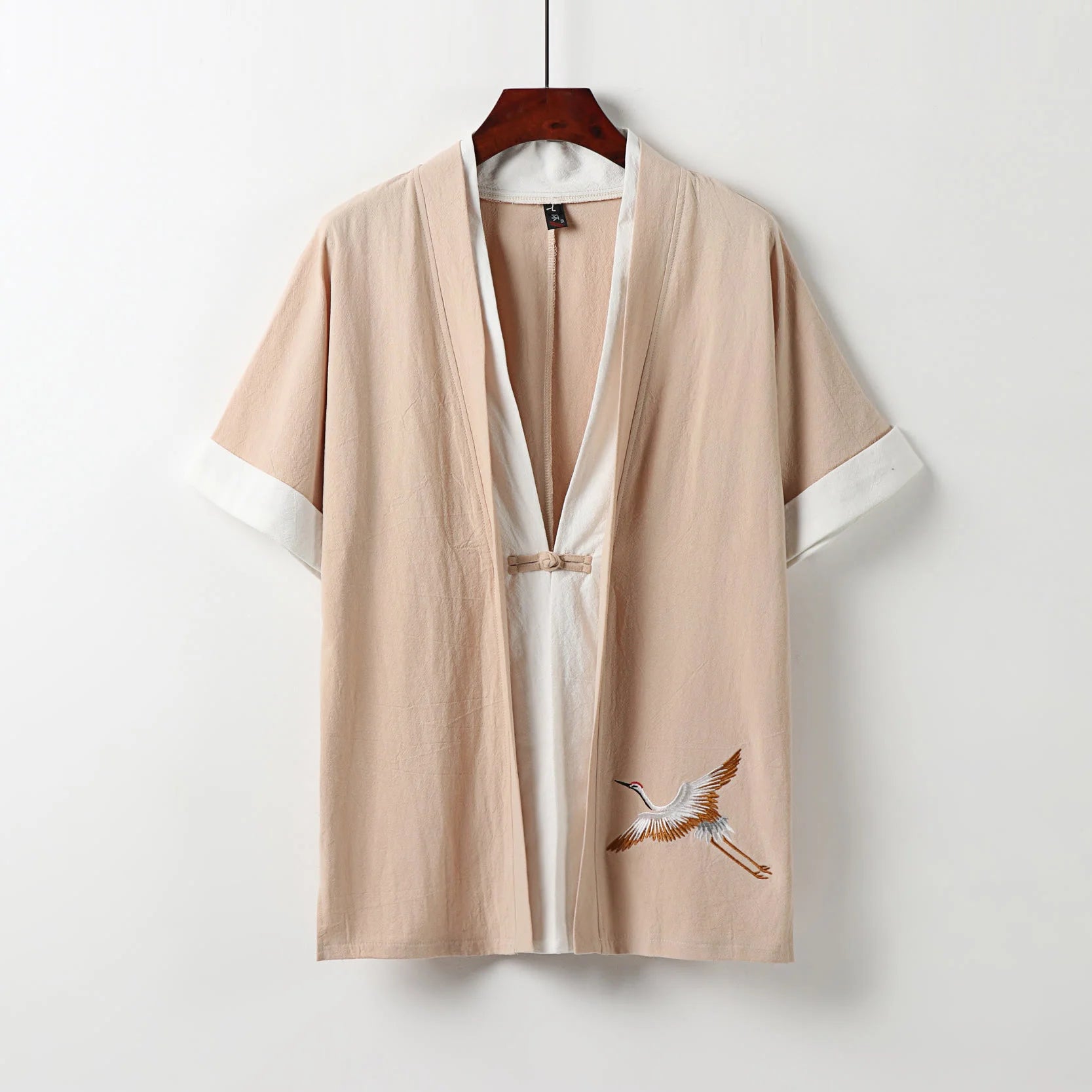 Buddha Stones Fake Two-piece Men's Half Sleeve Cardigan Embroidery Hanfu Comfort Cotton Kimono