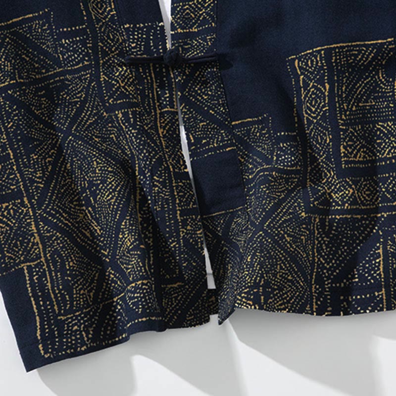 Buddha Stones Geometry Floral Stripes Butterfly Ink Open Front Half Sleeve Jacket Cotton Men's Kimono