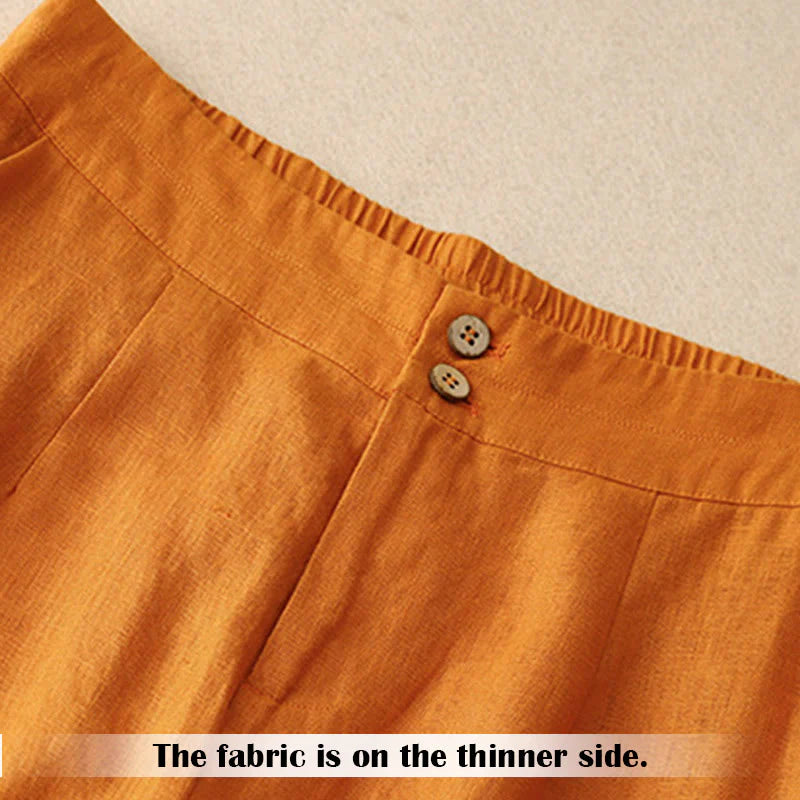 Buddha Stones Summer Casual Simple Design Linen Women's Wide Leg Pants With Zipper Pockets
