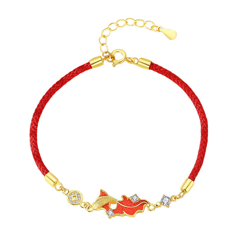 Buddha Stones 925 Sterling Silver Koi Fish Design Red String Blessing Bracelet