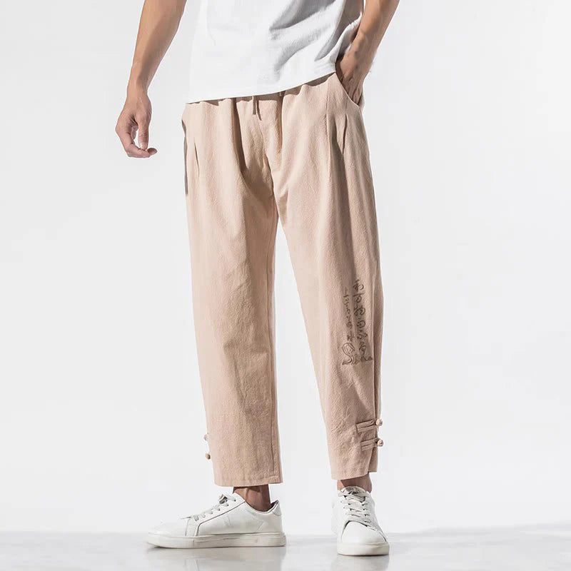 Buddha Stones Summer Chinese Characters Embroidery Men's Cotton Linen Pants With Pockets