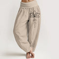 Buddha Stones Lotus Unalome Symbol Pattern Women's Elastic Waist Harem Pure Cotton Pants