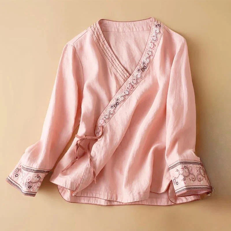 Buddha Stones Casual Embroidered Flowers Slant Collar Strap Long Sleeve Cotton Women's Shirt