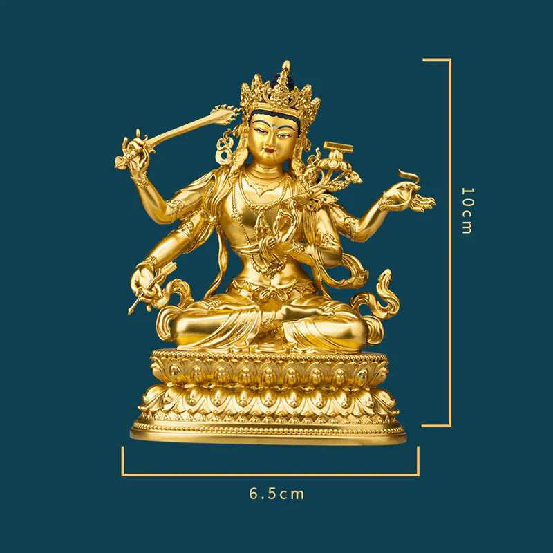 Buddha Stones Four-armed Manjusri Bodhisattva Gold Figurine Compassion Serenity Copper Statue Home Decoration