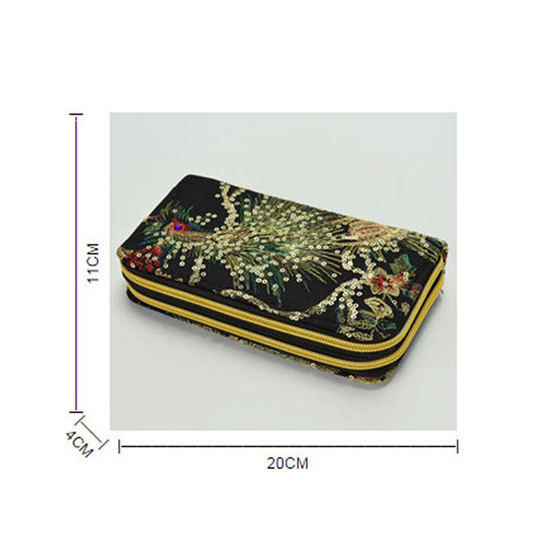 Buddha Stones Peacock Double-sided Embroidery Cash Holder Wallet Shopping Purse