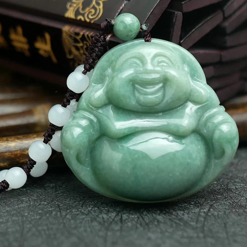 Buddha Stones Laughing Buddha Cyan Jade Harmony Necklace String Bead Pendant