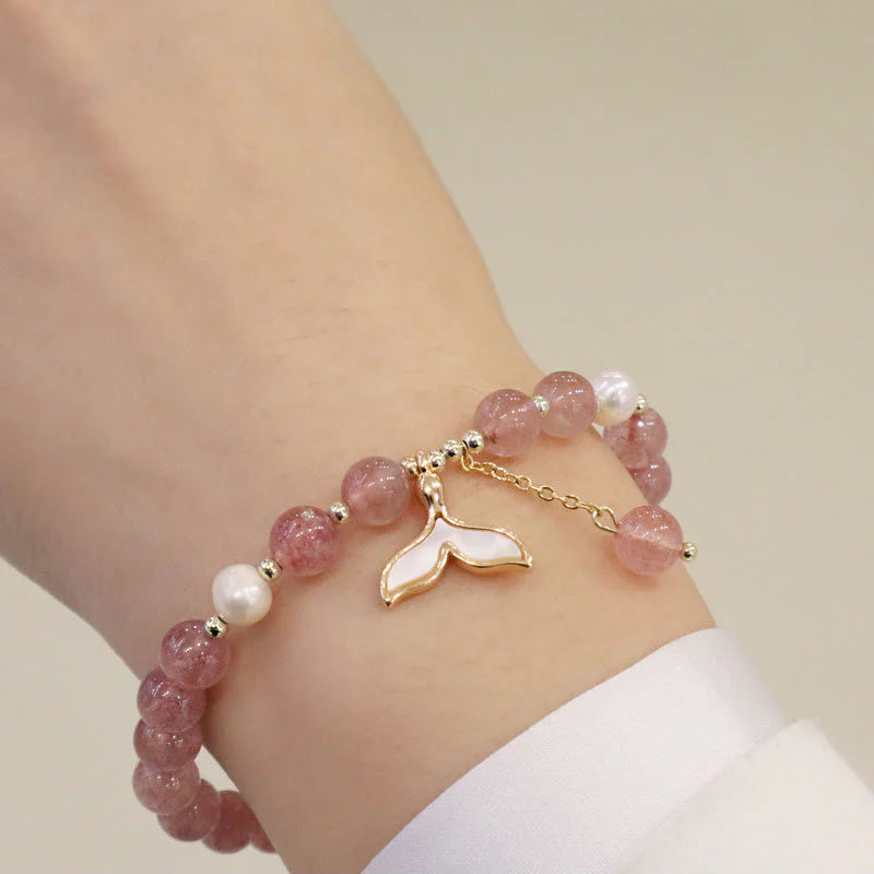 Buddha Stones Strawberry Quartz Pearl Elk Smiley Face Fishtail Fu Character Charm Healing Bracelet