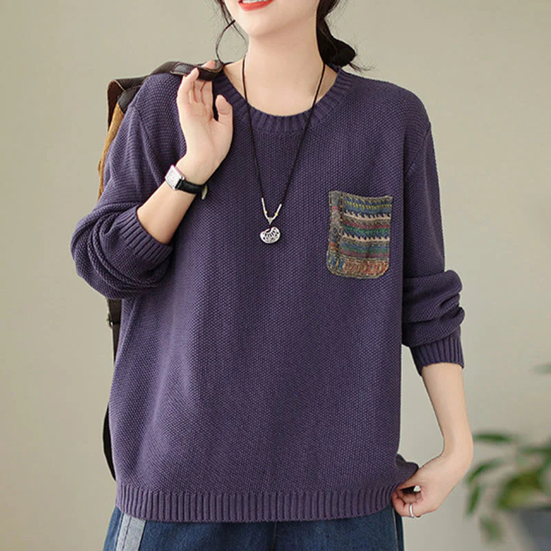 Buddha Stones Fall Floral Decorative Pocket Pattern Knitted Cotton Women's Long Sleeve Sweater