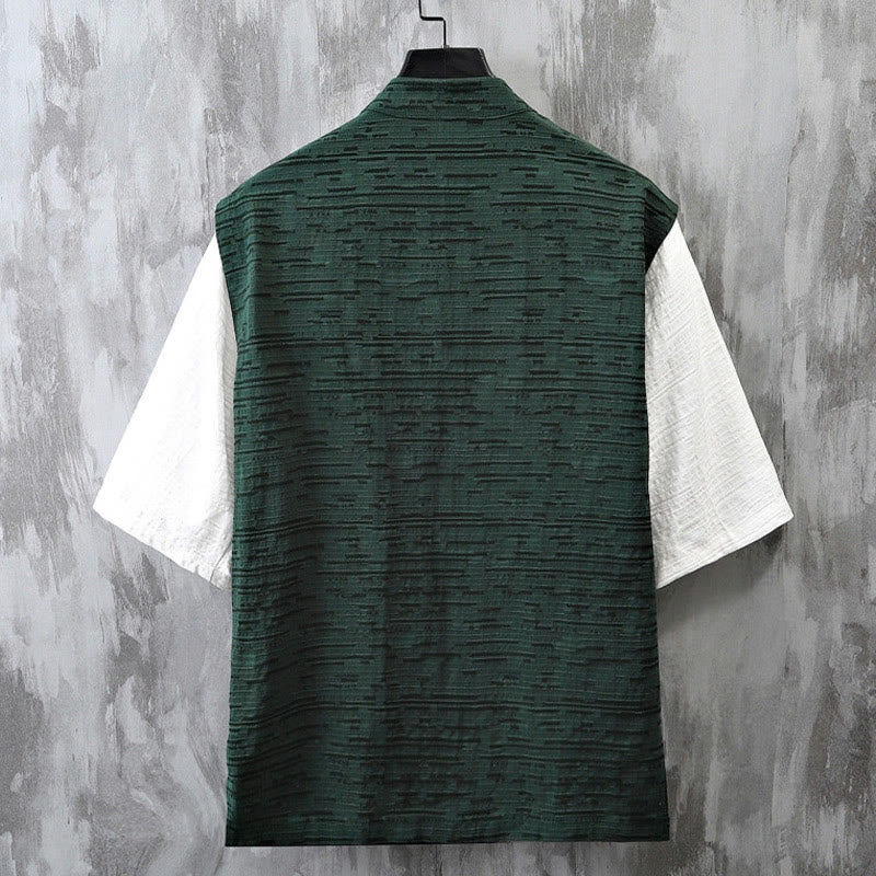 Buddha Stones Summer Patchwork Color Design Men's Half Sleeve Cotton Linen Shirt