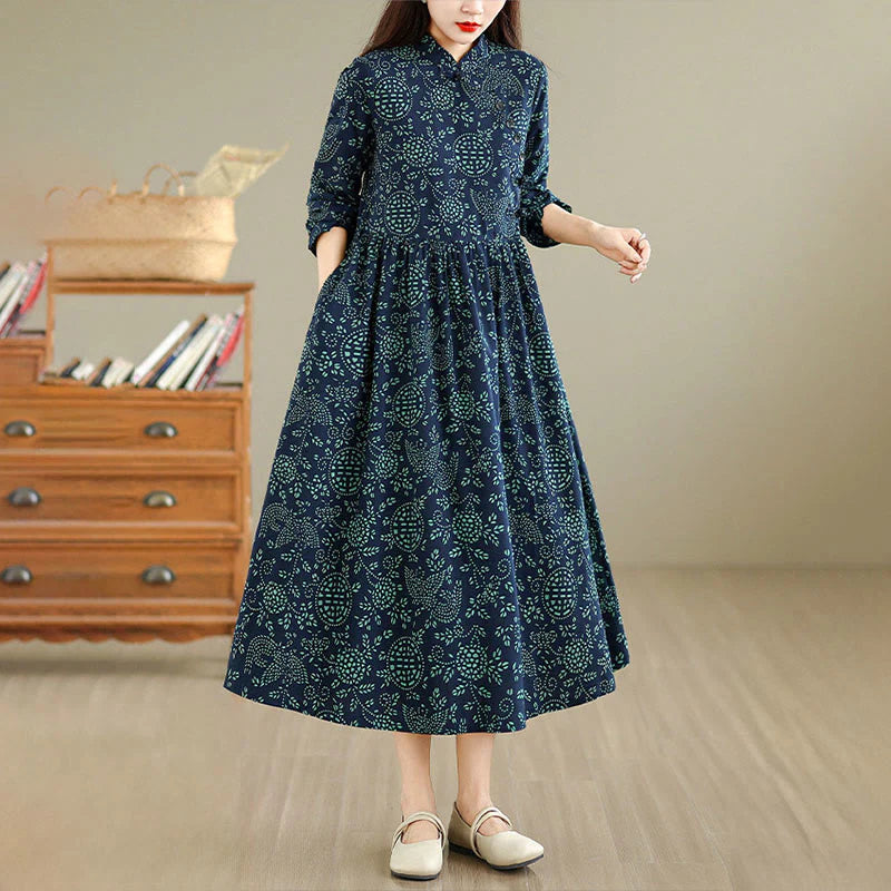 Buddha Stones Printed Floral Long Sleeve Stand Collar Cotton Maxi Dress With Pockets