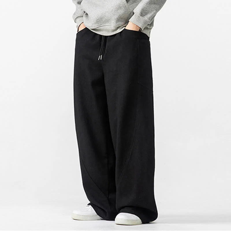 Buddha Stones Fall Pure Color Men's Wide Leg Cotton Drawstring Pants With Pockets