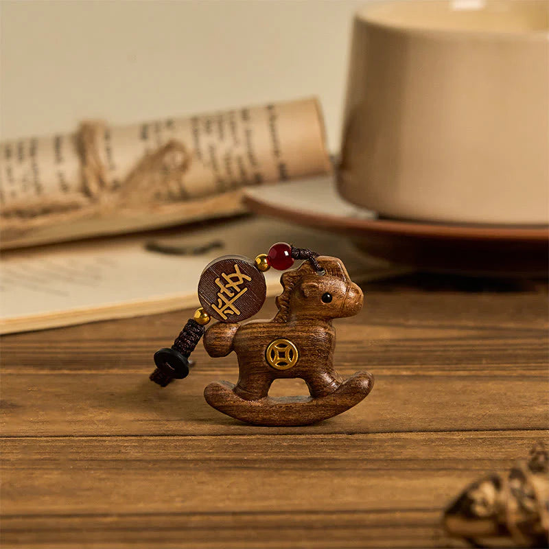 Buddha Stones Year of the Horse Rainbow Eucalyptus Small Leaf Red Sandalwood Linden Wood Ebony Carved Positive Key Chain