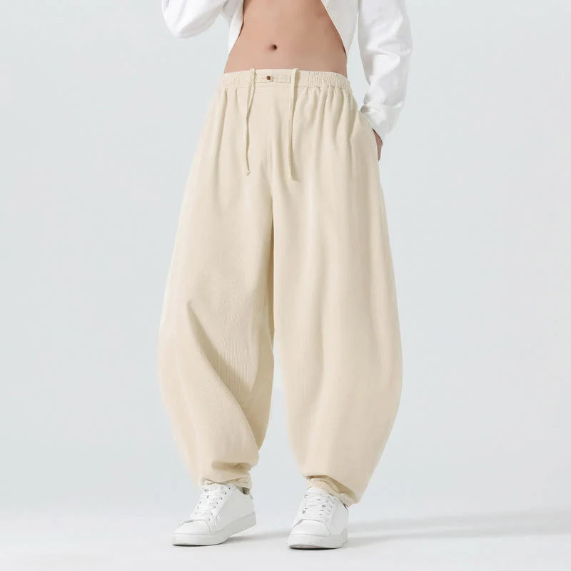 Buddha Stones Fall Solid Color Corduroy Men's Harem Pants With Pockets