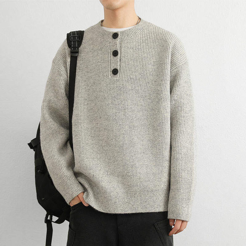 Buddha Stones Winter V-Neck Buttons Ribbed Design Warm Men's Long Sleeve Knitted Sweater