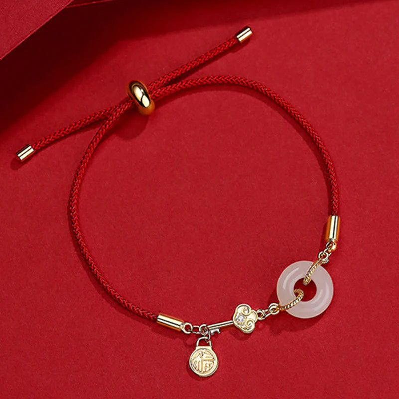 Buddha Stones 18K Gold Plated Hetian Jade Peace Buckle Fu Character Luck Red Rope Bracelet