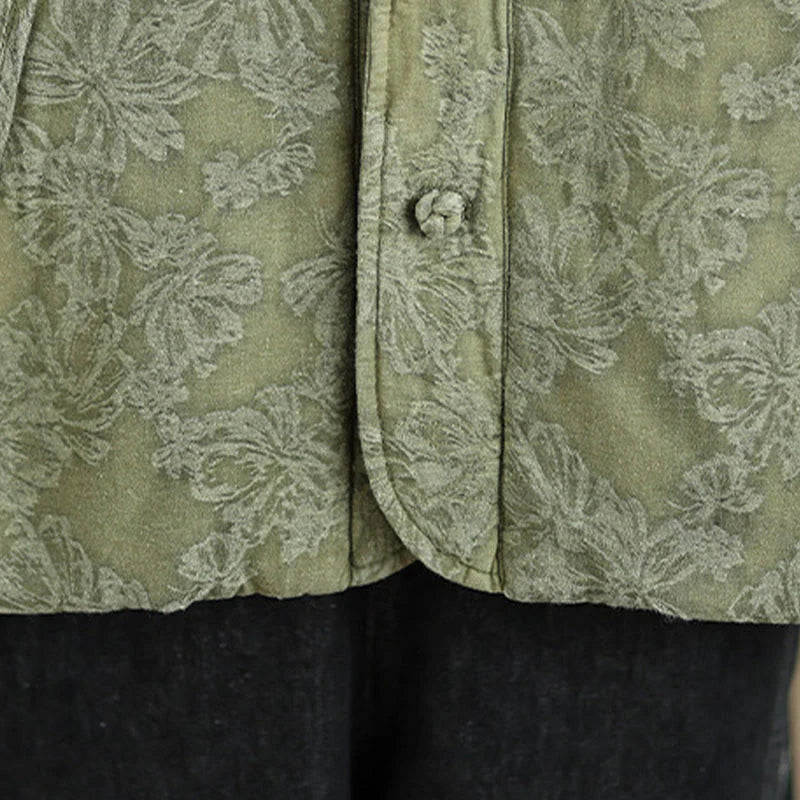 Buddha Stones Winter V-Neck Jacquard Frog-Button Cotton Long Sleeve Women's Thermal Jacket With Pockets