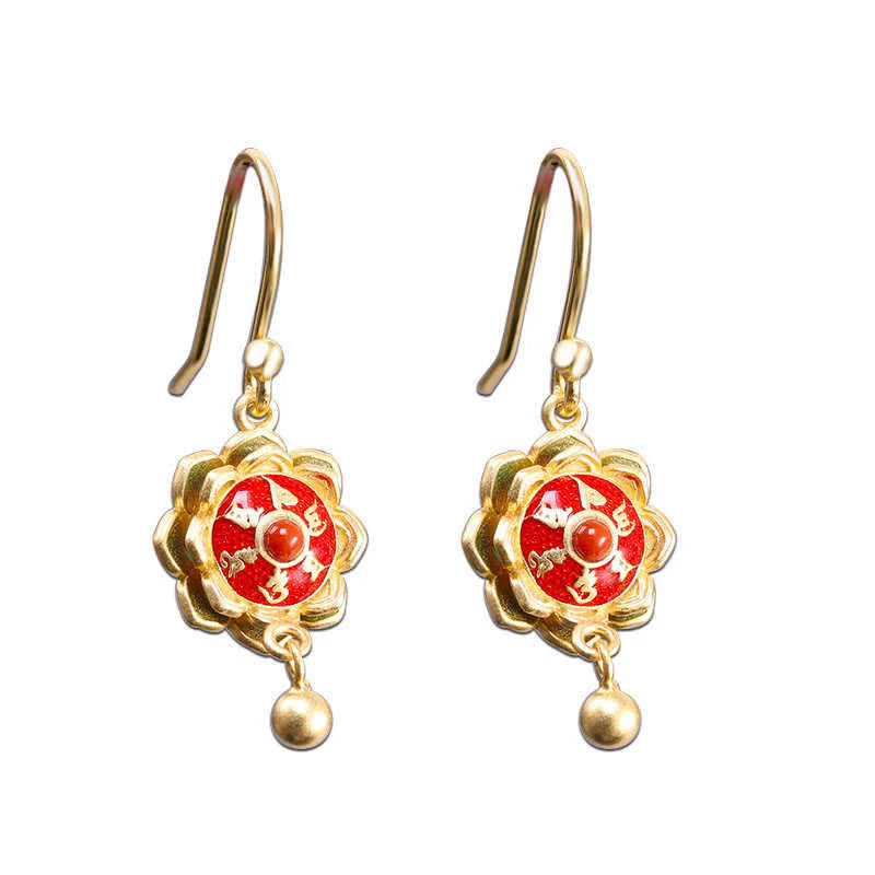 Buddha Stones 925 Sterling Silver Tibet Lotus Prayer Wheel Red Agate Enlightenment Necklace Pendant