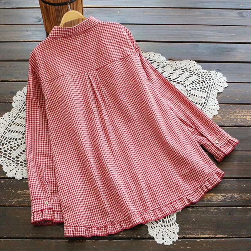 Buddha Stones Spring Plaid Ruffled Hem Design Long Sleeve Women's Cotton Buttons Shirt