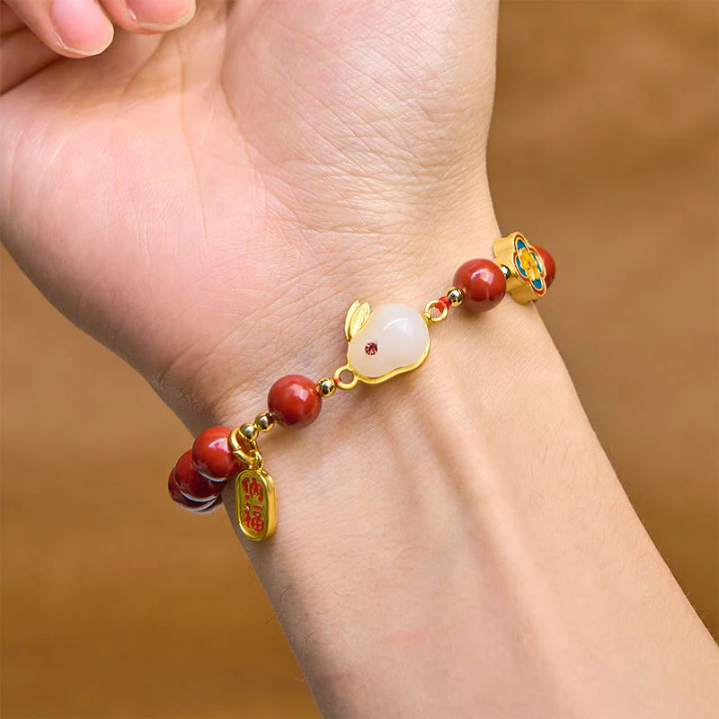 Buddha Stones Cinnabar Cute Rabbit Bunny Fu Character Calm Bracelet