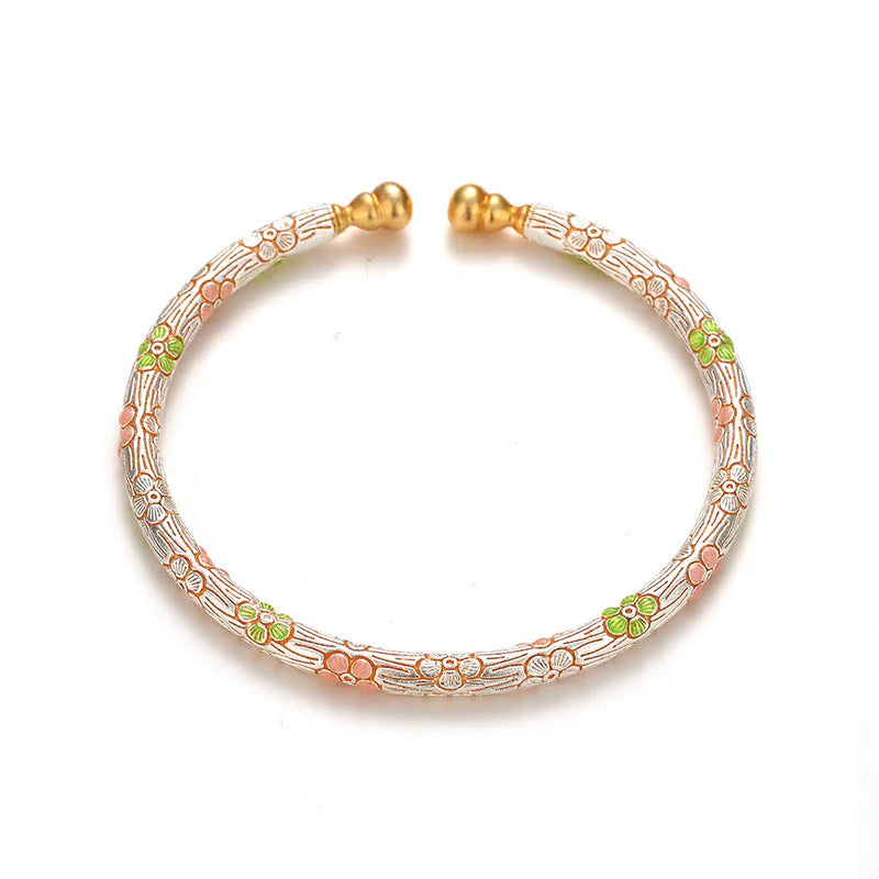 Buddha Stones Copper Handmade Enamel Flower Open Luck Bracelet Bangle