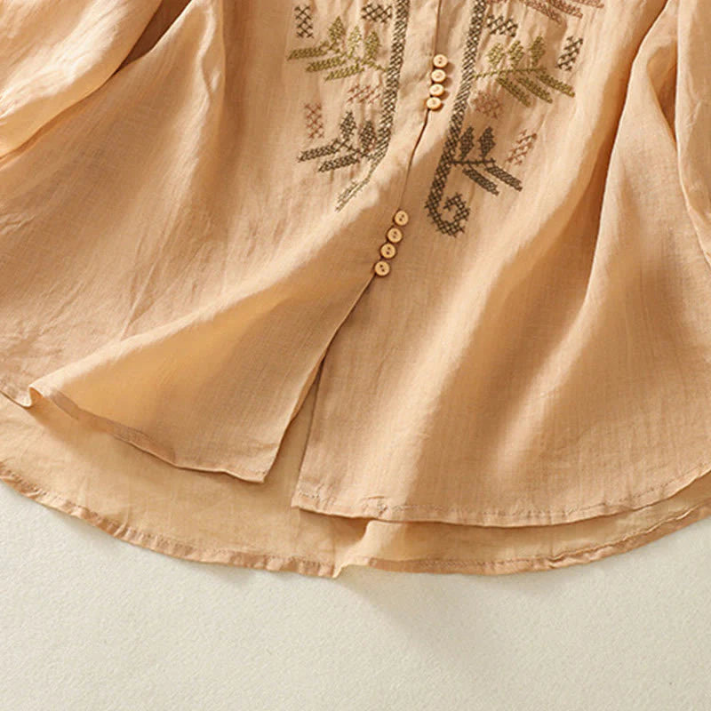 Buddha Stones Casual Artistic Embroidery Leaves Pattern Women's Cotton Linen Three Quarter Sleeve Shirt Cardigan
