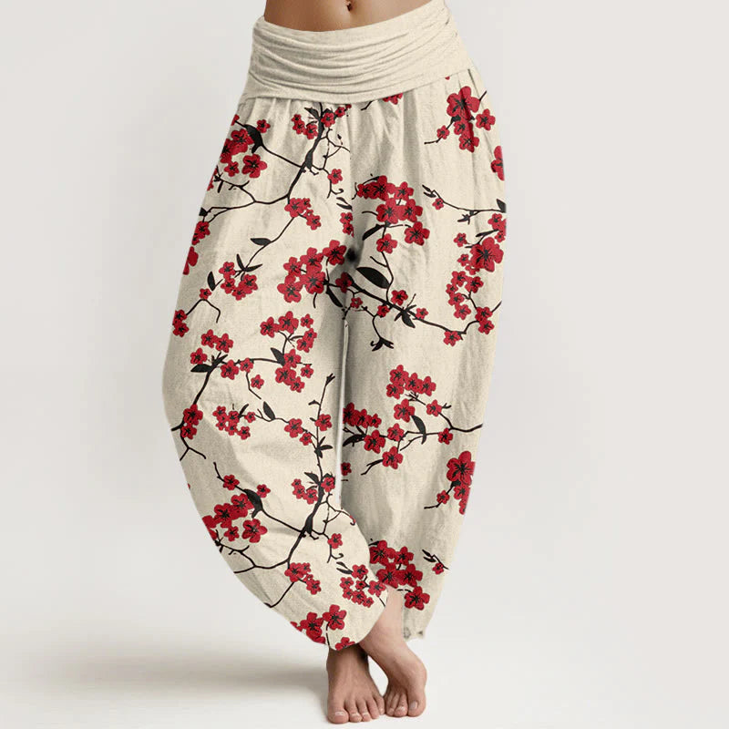 Buddha Stones Cotton Red Peach Blossom Pattern Women's Elastic Waist Harem Pants