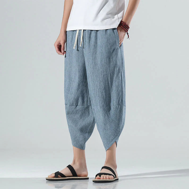 Buddha Stones Plain Simple Design Drawstring 7-8 Length Linen Men's Harem Pants With Pockets