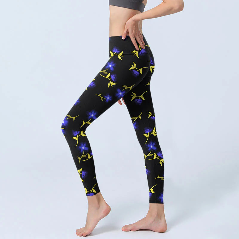 Buddha Stones Blue Flower Leaves Pattern Print Gym Leggings Women's Yoga Pants