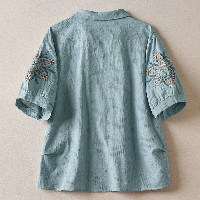 Buddha Stones Casual Floral Pattern Lapel Women's Cotton T-shirt