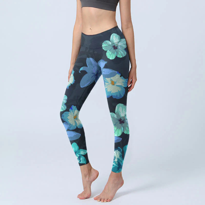 Buddha Stones Green Blue Floral Print Exercise Leggings Women's Yoga Pants
