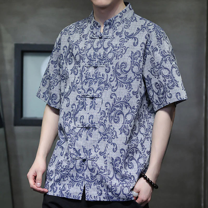 Buddha Stones Summer Floral Vine Pattern Tang Suit Men's Frog-Button Short Sleeve Shirt With Pockets