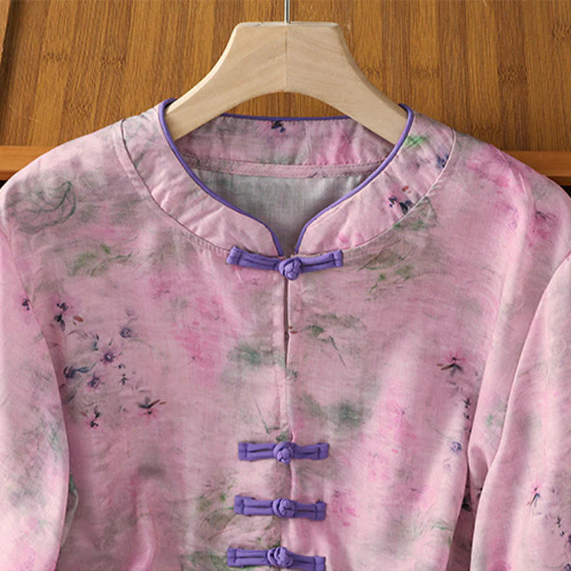 Buddha Stones Printing Floral Plain Chinese Frog-Button Women's Cotton Three Quarter Sleeve Shirt