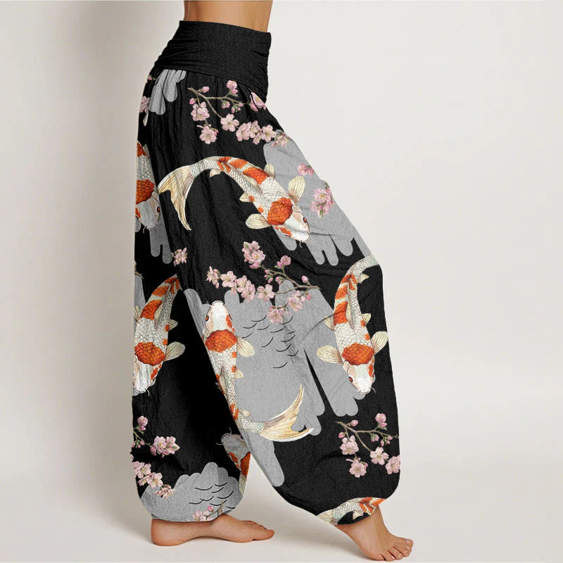 Buddha Stones Cotton Casual Koi Fish Cherry Blossom Pattern Women's Elastic Waist Harem Pants