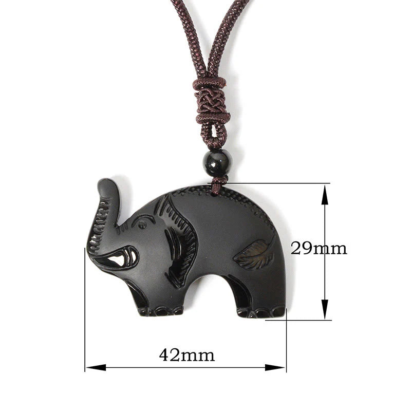 Buddha Stones Elephant Symbol Carved Design Black Obsidian Strength Necklace Pendant