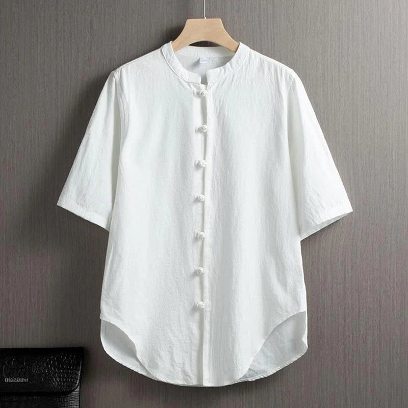 Buddha Stones Frog-Button Plain Chinese Tang Suit Short Sleeve Shirt Cotton Linen Men Clothing
