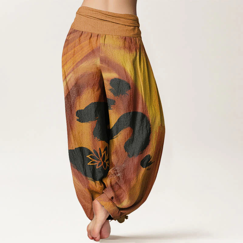 Buddha Stones Cotton OM Symbol Lotus Flower Pattern Women's Elastic Waist Harem Pants