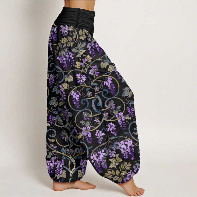 Buddha Stones Pure Cotton Retro Gorgeous Wisteria Women's Elastic Waist Harem Pants