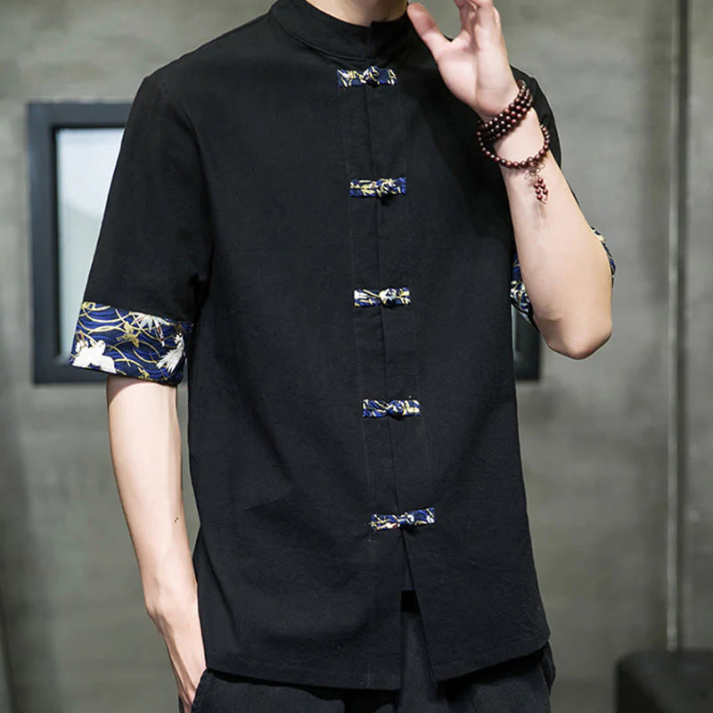 Buddha Stones Solid Color Frog-Button Stand Collar Men's Short Sleeve White Crane Cotton Shirt