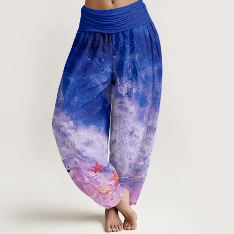 Buddha Stones Cotton Vast Ocean Pattern Women's Elastic Waist Harem Pants
