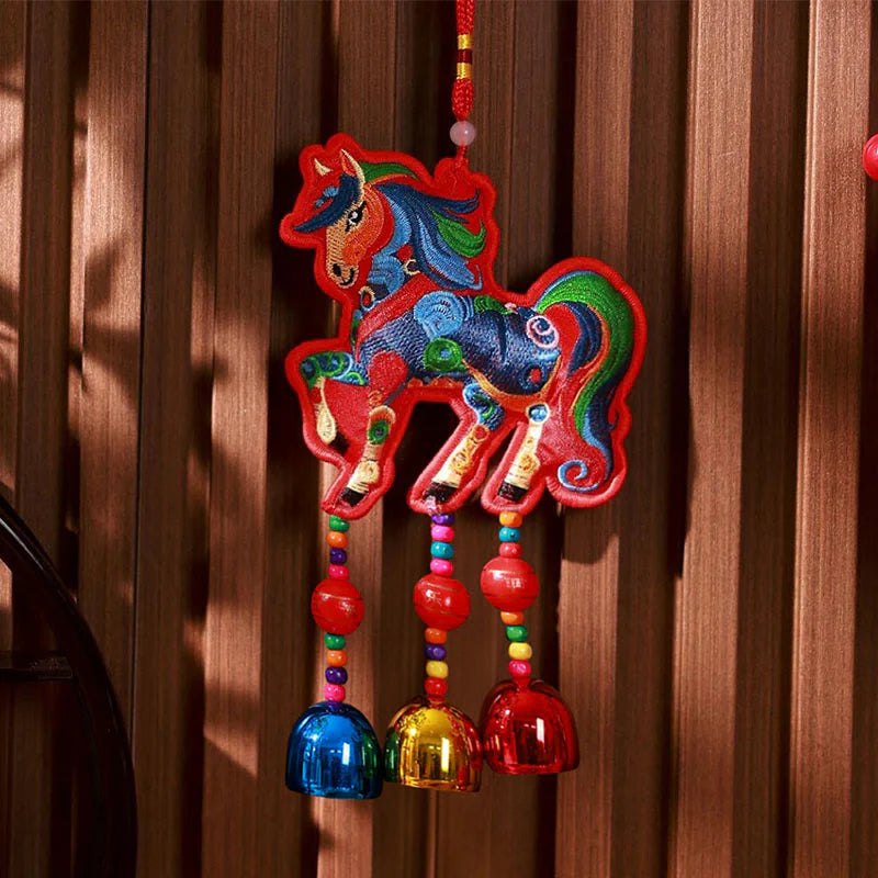 Buddha Stones Year Of The Horse Embroidery Bell Tassel Hanging Decoration
