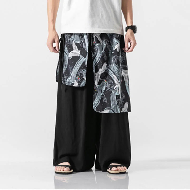 Buddha Stones Summer Flying Crane Design Cotton Men's Wide Leg Pants With Pockets