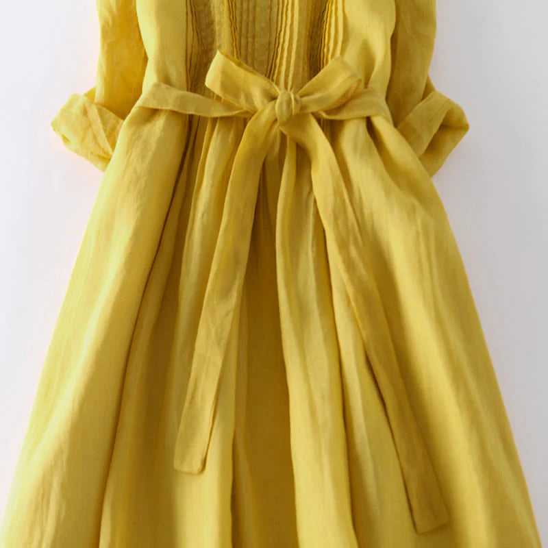 Buddha Stones Casual Lace-up Plain Crew Neck Half Sleeve Midi Dress With Pockets