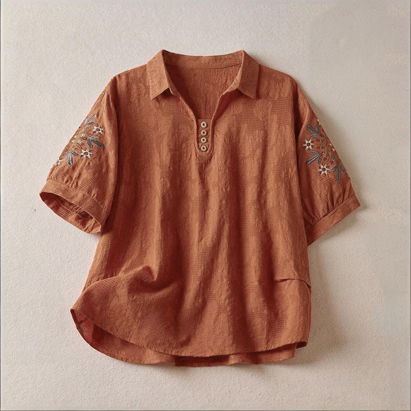 Buddha Stones Casual Floral Pattern Lapel Women's Cotton T-shirt