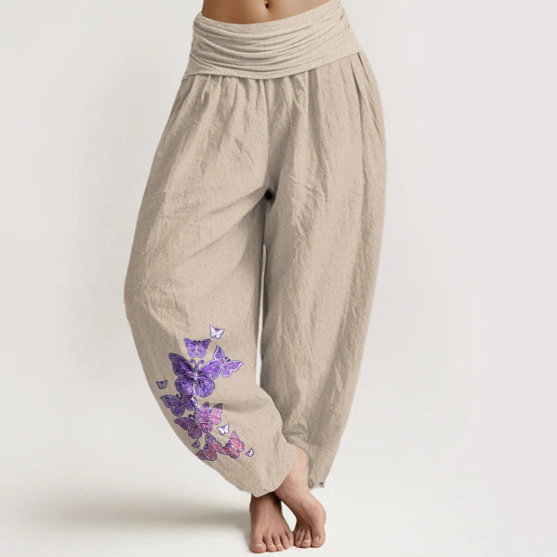 Buddha Stones Pure Cotton Pastel Butterfly Pattern Women's Elastic Waist Harem Pants