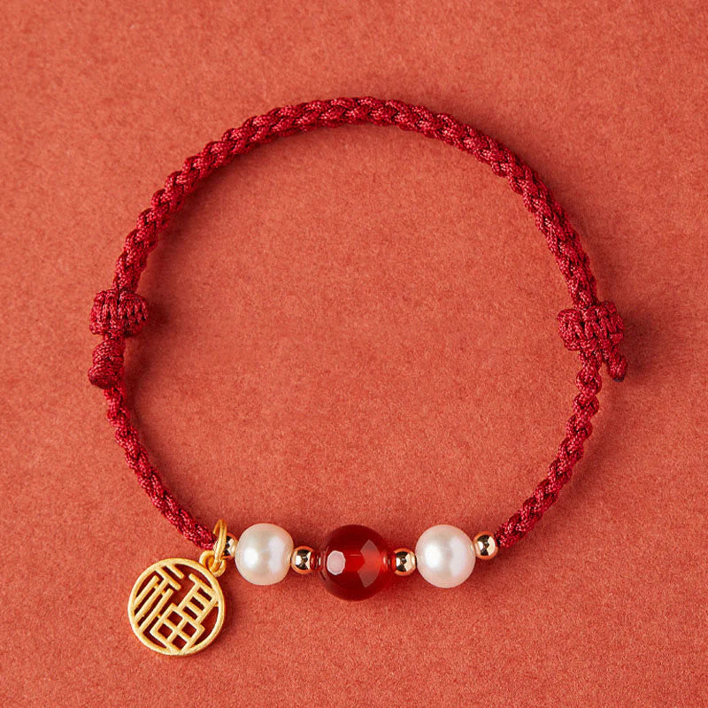 Buddha Stones 925 Sterling Silver Good Fortune Fu Character Agate Pearl Red String Braid Bracelet (Extra 30% Off | USE CODE: FS30)