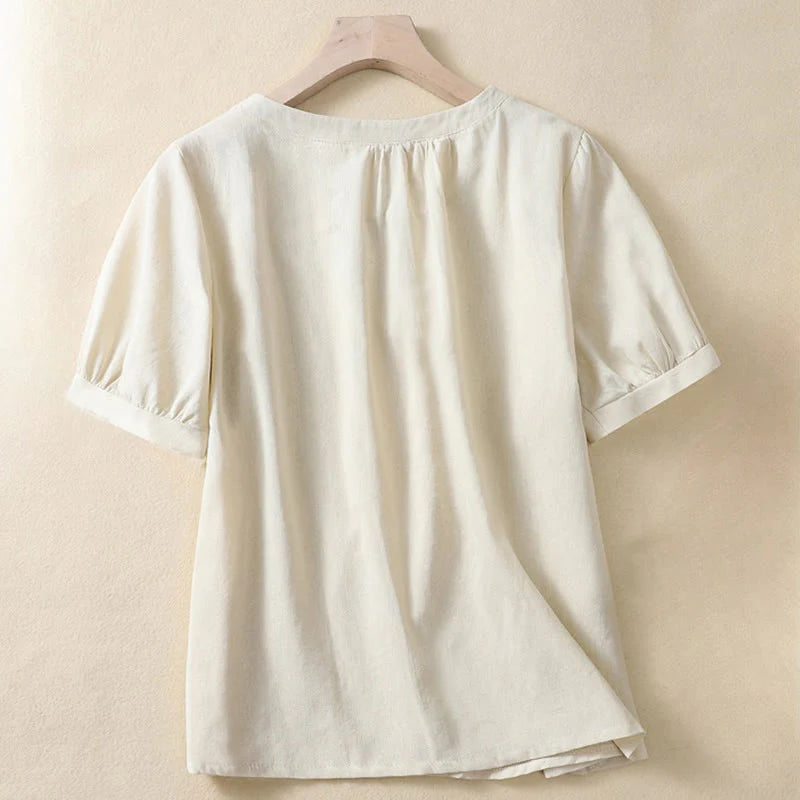 Buddha Stones Casual Women's Plain Crew Neck Button Design Half Sleeve Cotton Linen Shirt