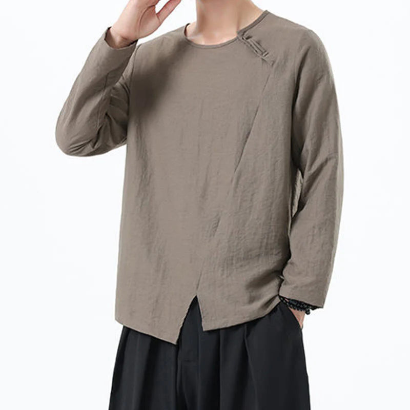 Buddha Stones Men's Long Sleeve Round Collar Comfort Cotton Linen Shirt